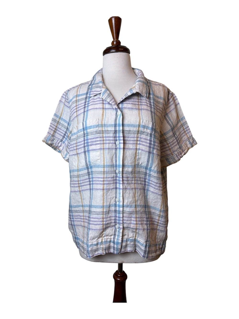 L.L. Bean Women's Short-Sleeve Plaid Button-Down Beige multicolor 100% linen